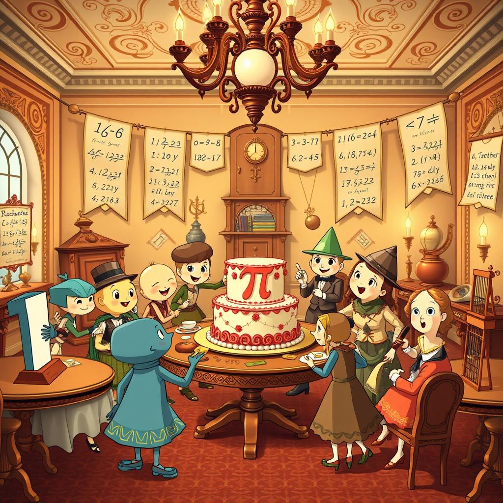 A delightful, vintage-style gathering scene where numbers and geometric shapes come together for a lively mathematical party
