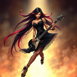 A charismatic Latina vampire rockstar with mesmerizing, alluring eyes, long flowing dark hair featuring striking red highlights, and a glowing tan complexion