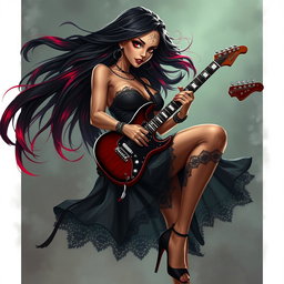 A charismatic Latina vampire rockstar with mesmerizing, alluring eyes, long flowing dark hair featuring striking red highlights, and a glowing tan complexion