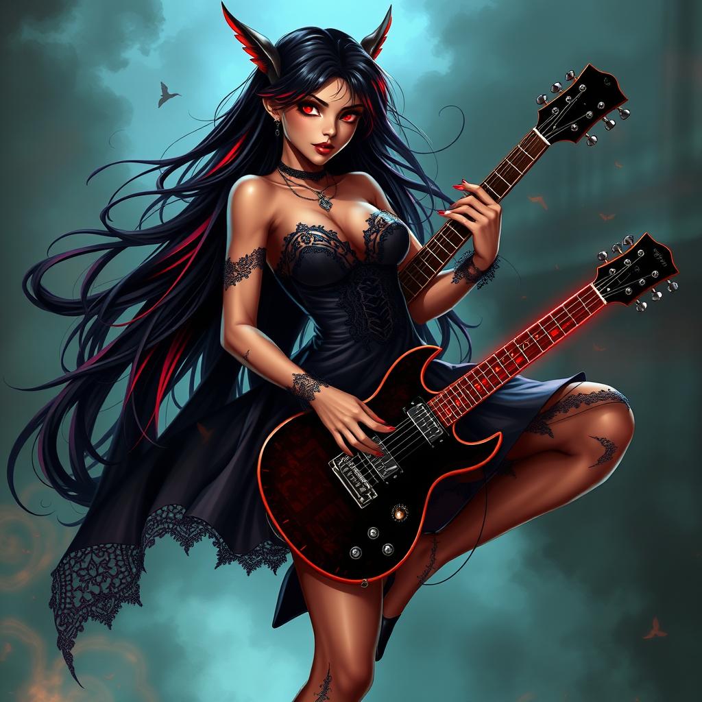 A charismatic Latina vampire rockstar with mesmerizing, alluring eyes, long flowing dark hair featuring striking red highlights, and a glowing tan complexion