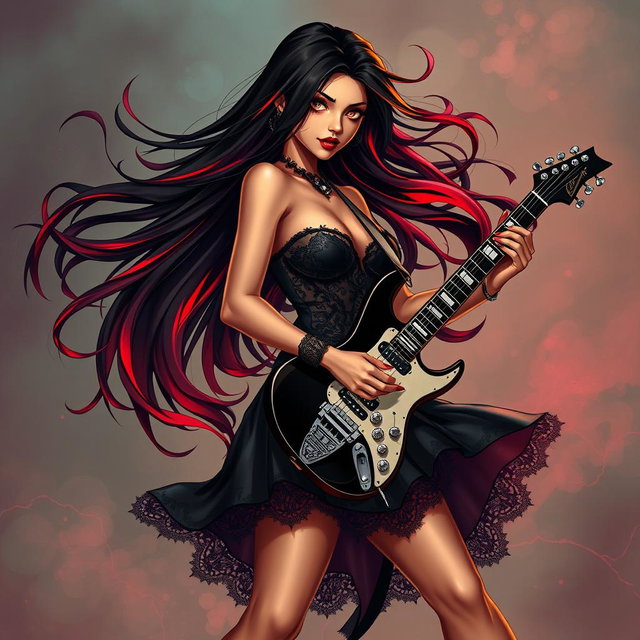 A charismatic Latina vampire rockstar with mesmerizing, alluring eyes, long flowing dark hair featuring striking red highlights, and a glowing tan complexion