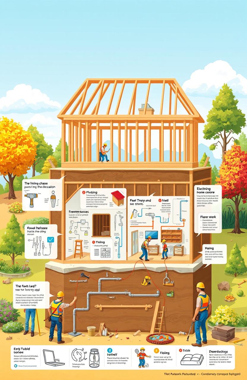 A comprehensive guide illustration depicting the step-by-step process of building a house from scratch, starting with the foundation and framing, moving on to plumbing, electrical work, and finishing