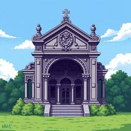 A pixel art depiction of a mausoleum, featuring intricate details on the structure such as arched doorways and decorative elements