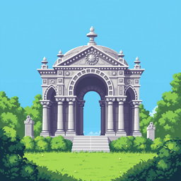 A pixel art depiction of a mausoleum, featuring intricate details on the structure such as arched doorways and decorative elements