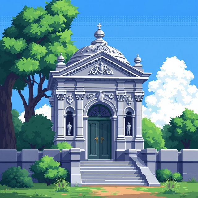 A pixel art depiction of a mausoleum, featuring intricate details on the structure such as arched doorways and decorative elements