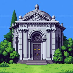 A pixel art depiction of a mausoleum, featuring intricate details on the structure such as arched doorways and decorative elements