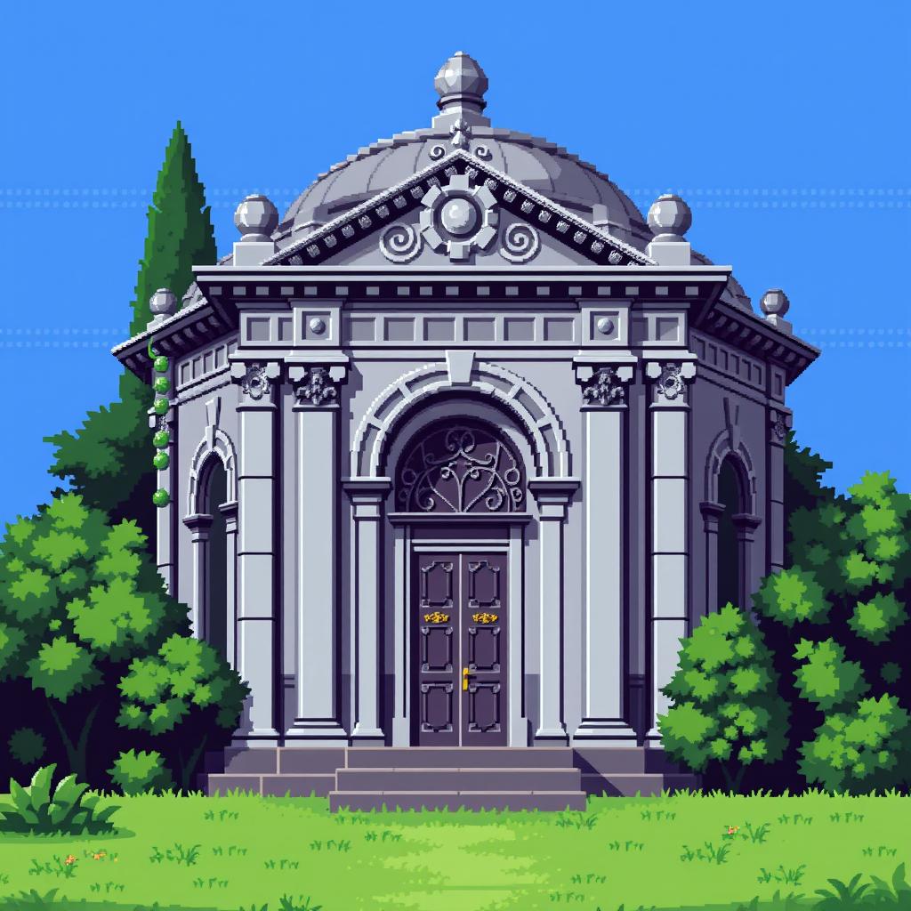 A pixel art depiction of a mausoleum, featuring intricate details on the structure such as arched doorways and decorative elements