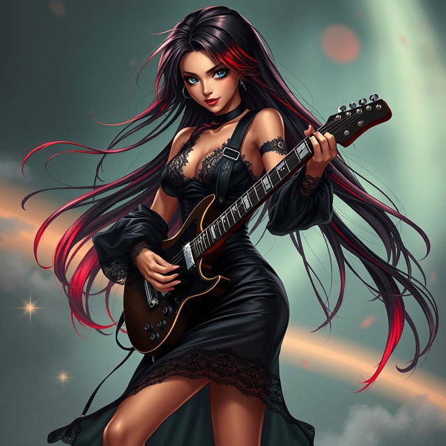 A charismatic Latina vampire rockstar with mesmerizing, enchanting eyes, long flowing dark hair with vibrant red highlights, and a glowing tan complexion