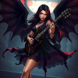 A charismatic Latina vampire rockstar with mesmerizing, enchanting eyes, long flowing dark hair with vibrant red highlights, and a glowing tan complexion