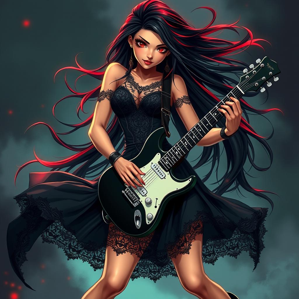 A charismatic Latina vampire rockstar with mesmerizing, enchanting eyes, long flowing dark hair with vibrant red highlights, and a glowing tan complexion