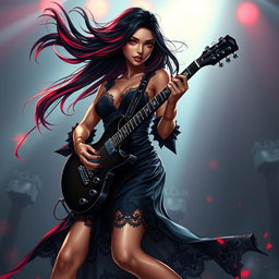 A charismatic Latina vampire rockstar with mesmerizing, enchanting eyes, long flowing dark hair with vibrant red highlights, and a glowing tan complexion