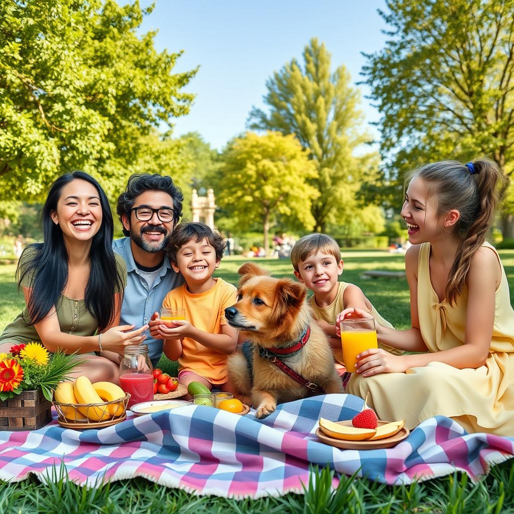 A warm and vibrant scene depicting a healthy and happy family enjoying a picnic in a sunny park