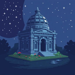 A pixel art depiction of a mausoleum, designed in a 64x64 pixel format
