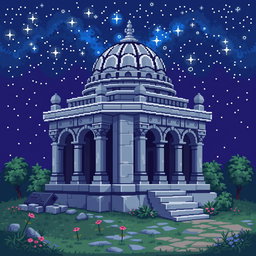 A pixel art depiction of a mausoleum, designed in a 64x64 pixel format