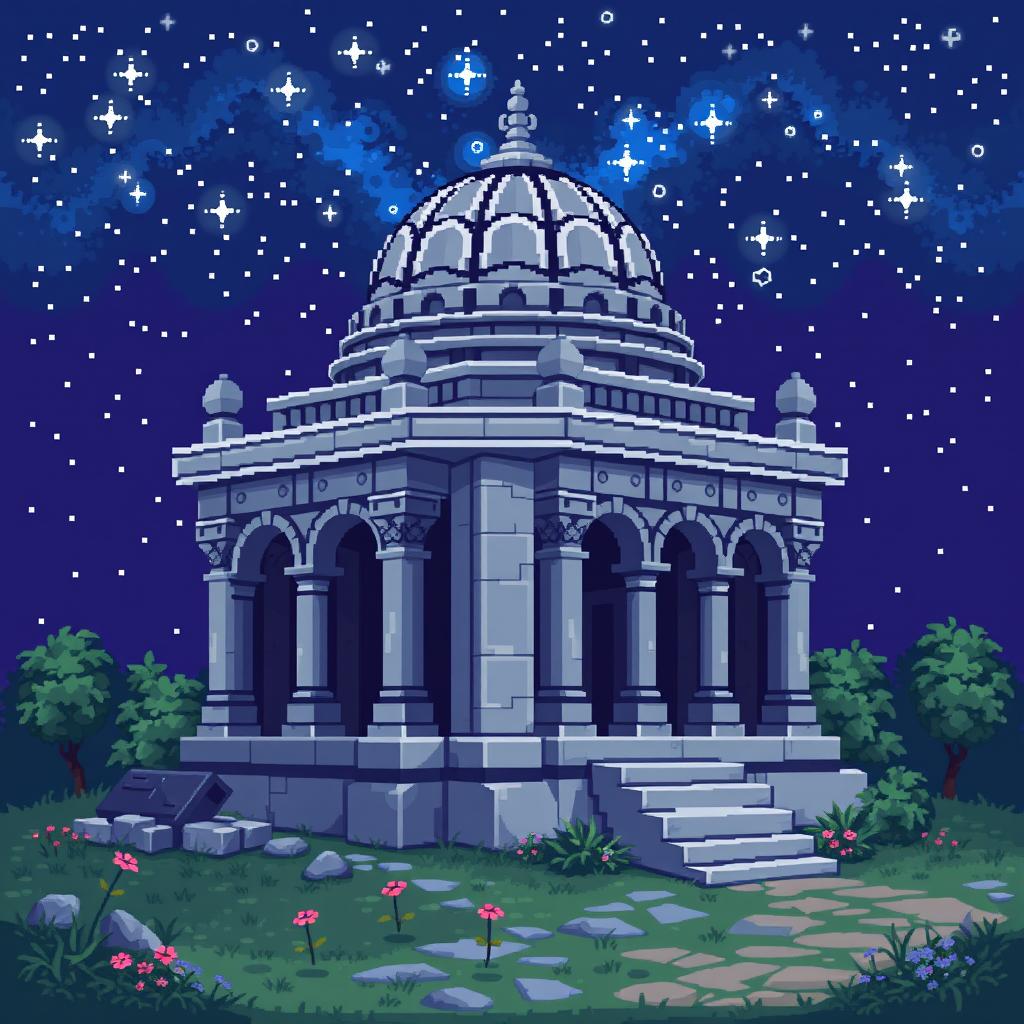 A pixel art depiction of a mausoleum, designed in a 64x64 pixel format