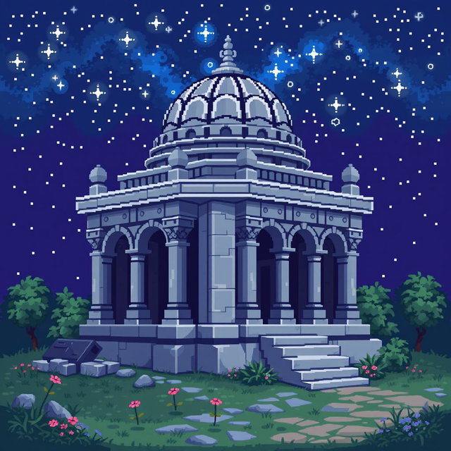 A pixel art depiction of a mausoleum, designed in a 64x64 pixel format