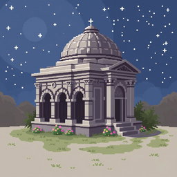 A pixel art depiction of a mausoleum, designed in a 64x64 pixel format