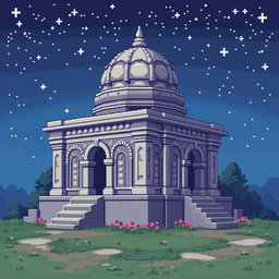 A pixel art depiction of a mausoleum, designed in a 64x64 pixel format