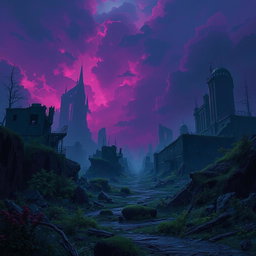 A post-apocalyptic landscape inspired by the art style of 'Arcane', featuring rich shades of deep purple and dark blue