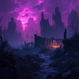 A post-apocalyptic landscape inspired by the art style of 'Arcane', featuring rich shades of deep purple and dark blue