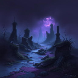 A post-apocalyptic landscape inspired by the art style of 'Arcane', featuring rich shades of deep purple and dark blue
