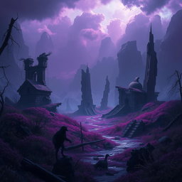 A post-apocalyptic landscape inspired by the art style of 'Arcane', featuring rich shades of deep purple and dark blue