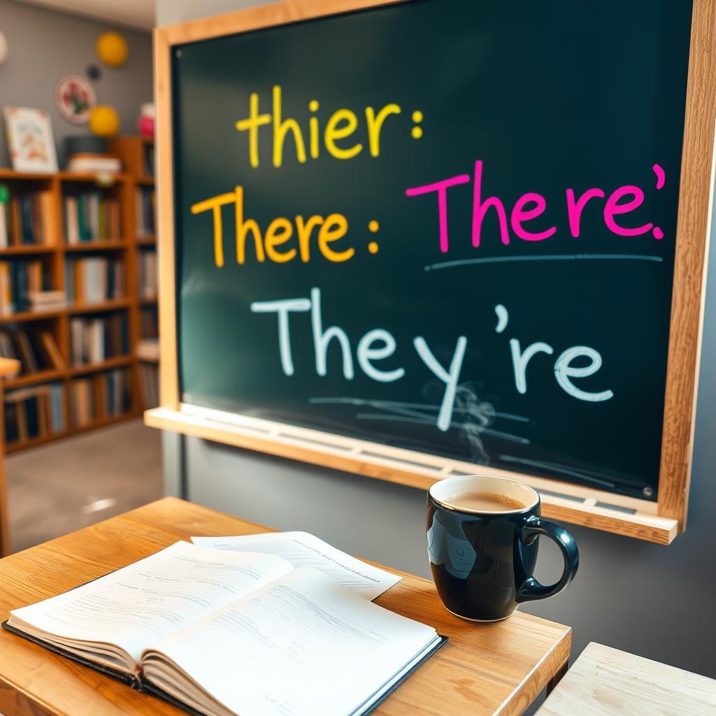 A brightly lit classroom setting featuring a blackboard filled with the words 'Their', 'There', and 'They’re' written in vibrant, contrasting colors