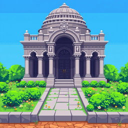 A pixel art representation of a mausoleum, designed in a 64x64 resolution, viewed from a superior or top-down perspective