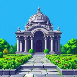 A pixel art representation of a mausoleum, designed in a 64x64 resolution, viewed from a superior or top-down perspective