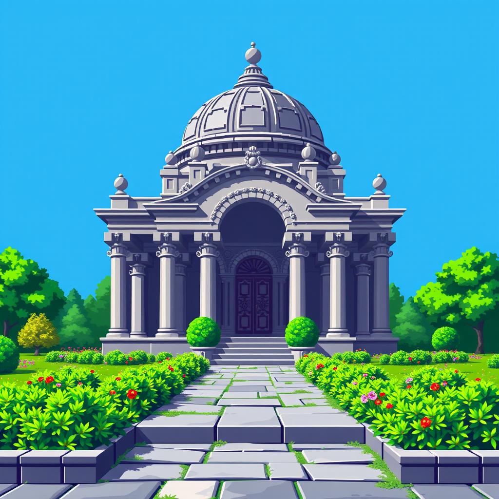 A pixel art representation of a mausoleum, designed in a 64x64 resolution, viewed from a superior or top-down perspective