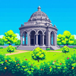 A pixel art representation of a mausoleum, designed in a 64x64 resolution, viewed from a superior or top-down perspective
