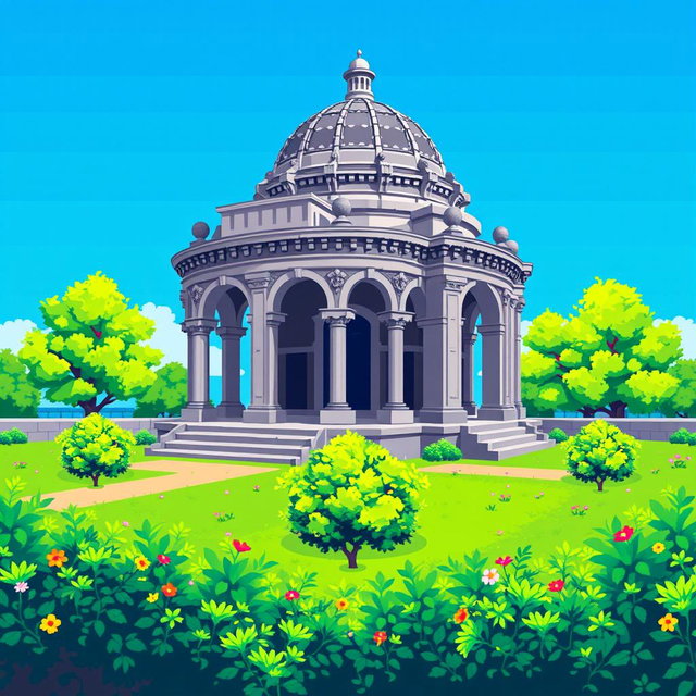 A pixel art representation of a mausoleum, designed in a 64x64 resolution, viewed from a superior or top-down perspective