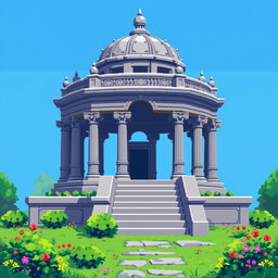 A pixel art representation of a mausoleum, designed in a 64x64 resolution, viewed from a superior or top-down perspective