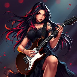 A charismatic Latina vampire rockstar with mesmerizing brown eyes, long flowing dark hair featuring vivid red highlights, and a glowing tan complexion
