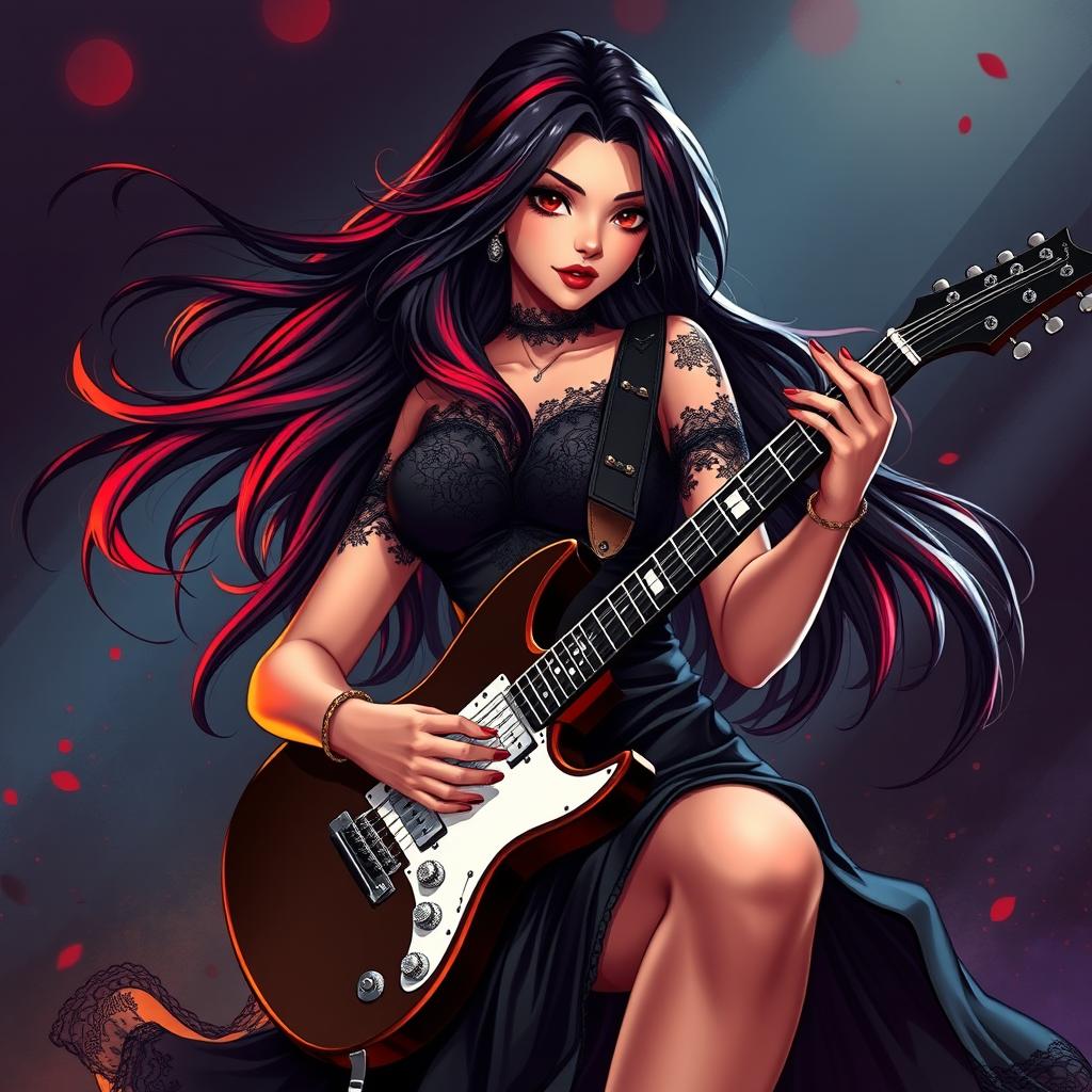 A charismatic Latina vampire rockstar with mesmerizing brown eyes, long flowing dark hair featuring vivid red highlights, and a glowing tan complexion