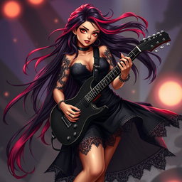 A charismatic Latina vampire rockstar with mesmerizing brown eyes, long flowing dark hair featuring vivid red highlights, and a glowing tan complexion