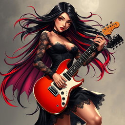 A charismatic Latina vampire rockstar with mesmerizing brown eyes, long flowing dark hair featuring vivid red highlights, and a glowing tan complexion