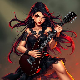 A charismatic Latina vampire rockstar with mesmerizing brown eyes, long flowing dark hair featuring vivid red highlights, and a glowing tan complexion