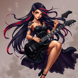 A charismatic Latina vampire rockstar with mesmerizing brown eyes, long flowing dark hair with striking red highlights, and a radiant tan complexion