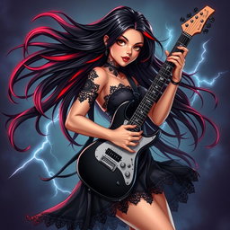 A charismatic Latina vampire rockstar with mesmerizing brown eyes, long flowing dark hair with striking red highlights, and a radiant tan complexion