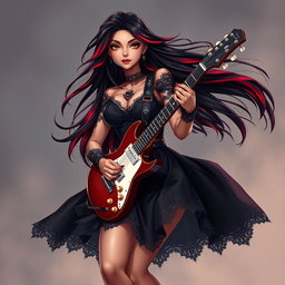 A charismatic Latina vampire rockstar with mesmerizing brown eyes, long flowing dark hair with striking red highlights, and a radiant tan complexion