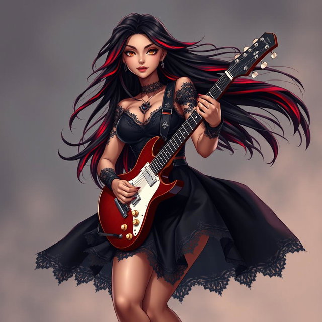 A charismatic Latina vampire rockstar with mesmerizing brown eyes, long flowing dark hair with striking red highlights, and a radiant tan complexion