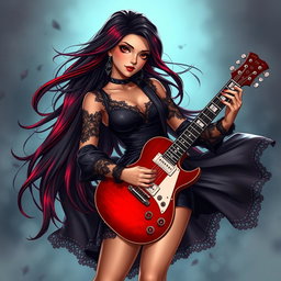 A charismatic Latina vampire rockstar with mesmerizing brown eyes, long flowing dark hair with striking red highlights, and a radiant tan complexion