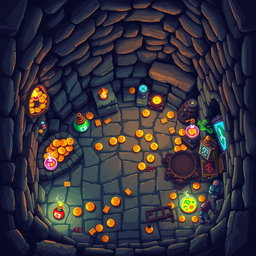 A top-down view of a vibrant pixel art scene depicting a crypt filled with mystical artifacts and colorful treasures