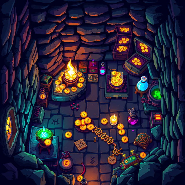 A top-down view of a vibrant pixel art scene depicting a crypt filled with mystical artifacts and colorful treasures
