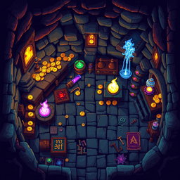 A top-down view of a vibrant pixel art scene depicting a crypt filled with mystical artifacts and colorful treasures