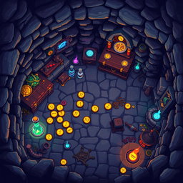 A top-down view of a vibrant pixel art scene depicting a crypt filled with mystical artifacts and colorful treasures