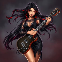 A charismatic Latina vampire rockstar with mesmerizing brown eyes, long flowing dark hair featuring bold red highlights, and a glowing tan complexion