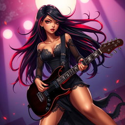 A charismatic Latina vampire rockstar with mesmerizing brown eyes, long flowing dark hair featuring bold red highlights, and a glowing tan complexion