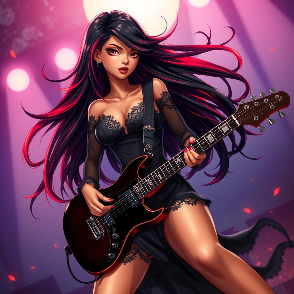 A charismatic Latina vampire rockstar with mesmerizing brown eyes, long flowing dark hair featuring bold red highlights, and a glowing tan complexion